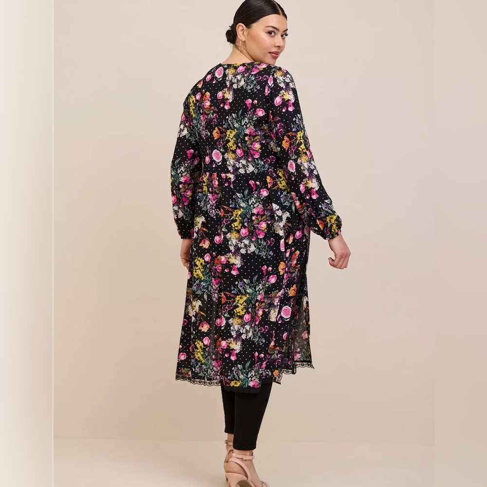 Torrid Crepe Lace Trim Kimono Black Floral Polka Dot Print Size 2X